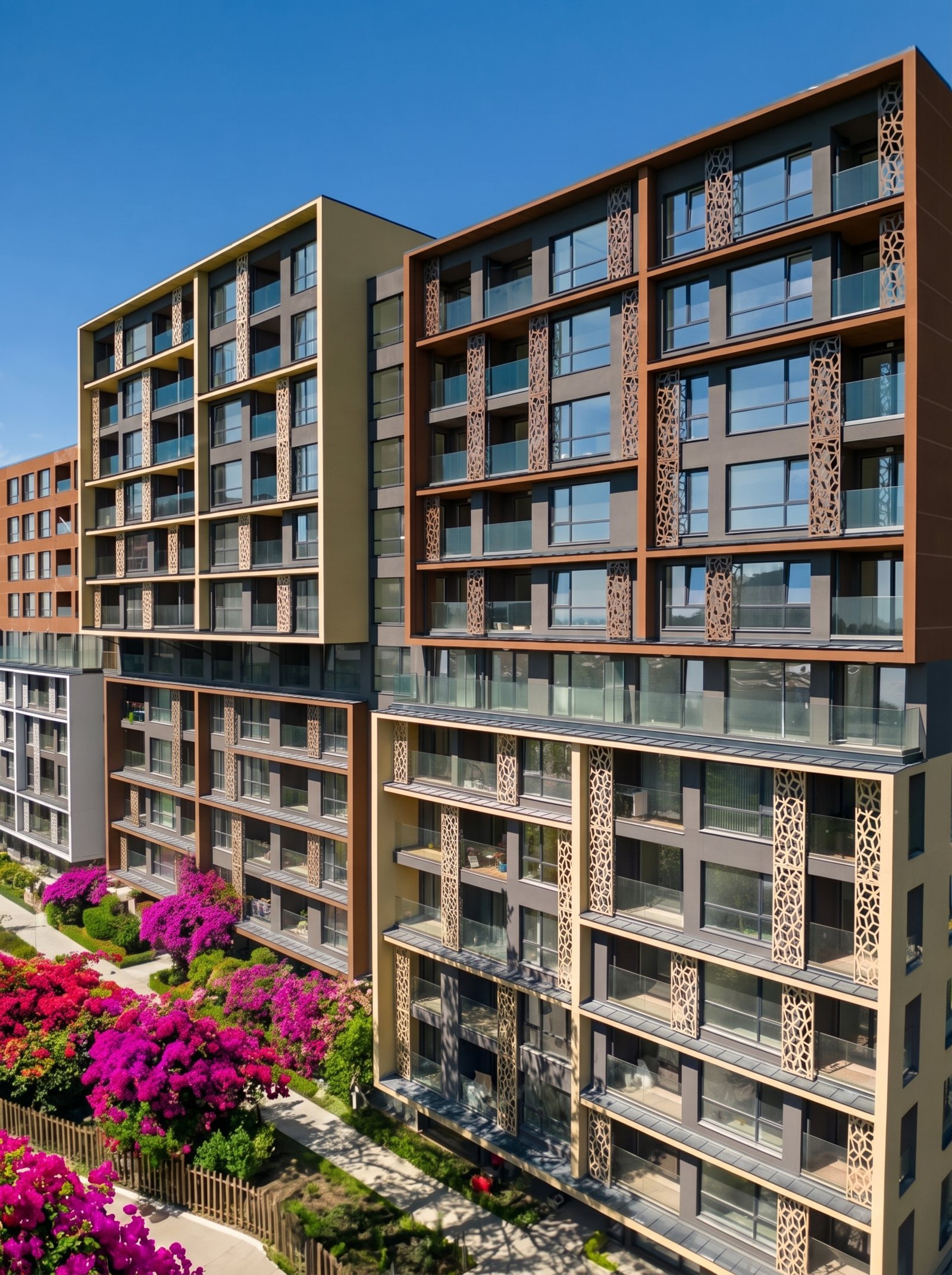Edificio de departamentos con fachada de celosías, balcones de cristal y jardines con bugambilias