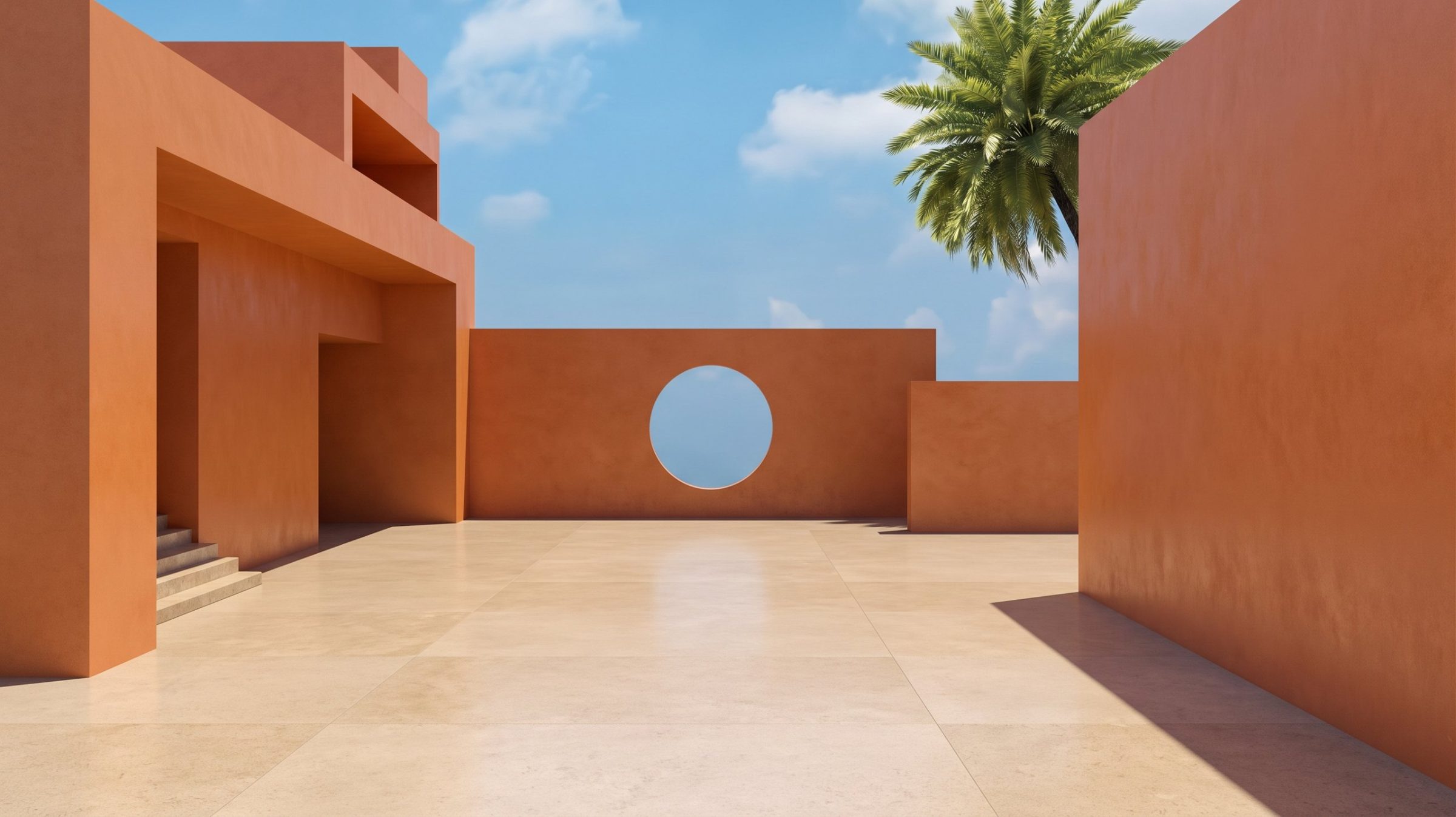 Patio de arquitectura contemporánea con muros terracota, palmera y cielo azul